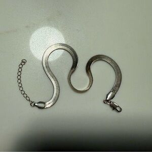 Silver Tone Herringbone Snake Chain Anklet with Extender (11 in Max)